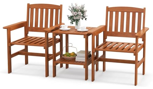 COSTWAY Ensemble de Meubles de Patio 2 Places en Bois, Salon de Jardin avec 2 Chaises Table Basse et Trou pour Parasol, Ensemble de 3 Meubles d'Extérieur pour Balcon Porche Terrasse (Séparé)