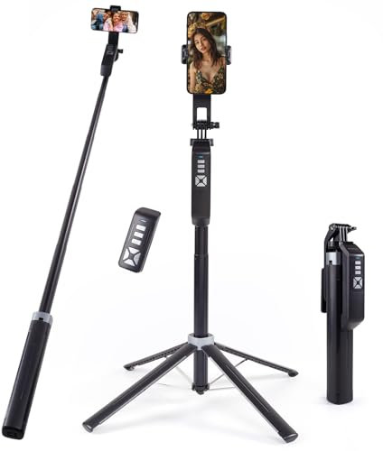 INMOZATA Selfie Stick Tripod, 71 Extra Phone Tripod Stand for Filming with Detachable Bluetooth Remote, Extendable Tube Selfie Stick for iPhone, Android, Camera, Gopro