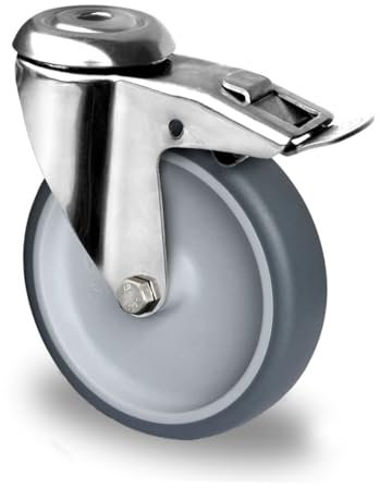 Lenkrolle mit Rückenloch und Feststeller 125 mm Thermoplastisches Gummi Apparaterolle Edelstahl