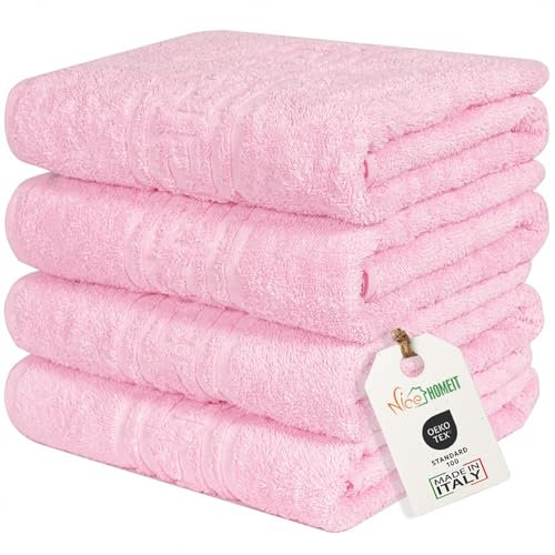 nice homeit Set mit 4 Badetüchern aus 100% ringgesponnener Baumwolle – extra weich und saugfähig – Made in Italy – Rosa (60 x 100 cm)