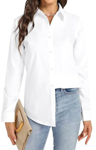 JiaYouLC Women's Long Sleeve Blouses & Shirts Stretch Formal Button Down T Shirts Executive Office Business Casual Tops for Ladies (UK, Alpha, L, Regular, Regular, White, Long Sleeve)