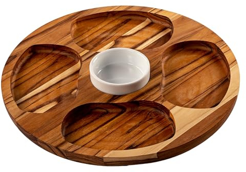 Erreke Bandejas para Servir Comida, Bandeja Madera, Madera de Teca Natural, Resistente, Ideal Carnes, Pollo, Embutidos, Tapas, Cuenco para Salsas, 4 Compartimientos, 35.5x35.5x2.4 cm