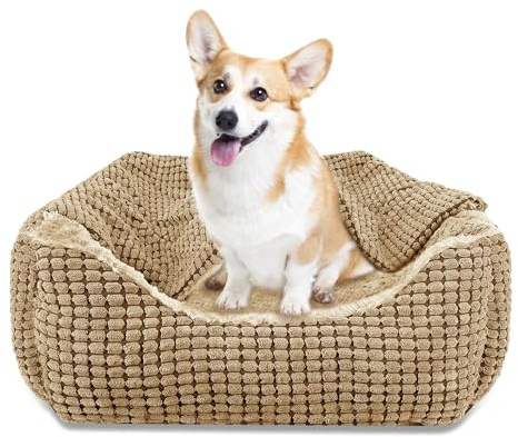 JOEJOY Rectangle Dog Bed Warm Hooded Puppy Bed for Large Medium Small Dogs, Luxury Super Soft Pet Cave Bed Medium Washable, Fits Up To 20/30/40/60lbs Pets, 63x53x21cm(Brown)
