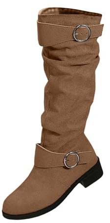 Generisch Bottes à talons larges au-dessus du genou avec talon, bottes d'hiver pour femmes à talon moyen, couleur unie à talon bloc grande taille bottes pour femmes bottes hautes en daim, kaki, 36 EU