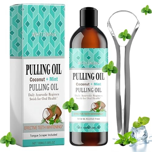 Oil Pulling - Coconut Oil Pulling Kit with Mint Mouthwash & Tongue Scraper - Promotes Fresh Breath, Whiter Teeth, Healthier Gums, Ideal for Daily Oral Care Routine