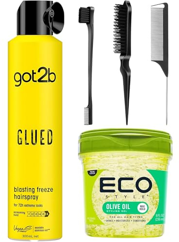 Strong Hold Hairspray, Curl Gel & Slick Back Hair Brush Set | Hair Styling Bundle for Women & Men | Long-Lasting Hold, Shine & Definition for Braids & Edges