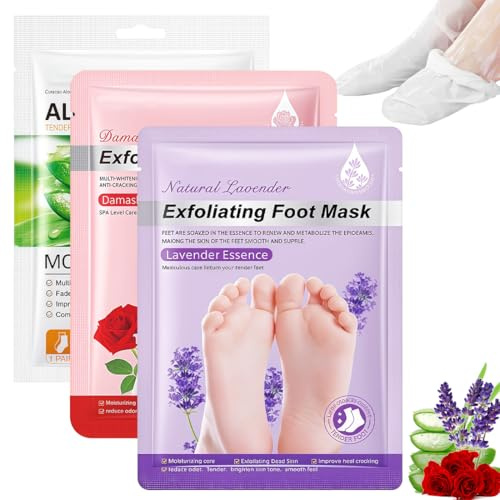 IWIDYA 3 Paires Masque Pieds Peeling Exfoliant, Action Exfoliante Douce, Talons et Peau Morte Sèche pour des Pieds Doux, peeling pied,Masque hydratant pour les pieds (Rose/Aloe/Lavande)
