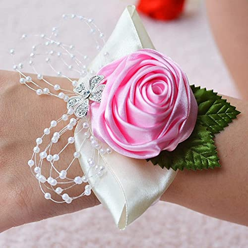 LNNSHX Filles Demoiselle d'honneur Mariage Poignet Fleur Rose Ruban de Soie Bracelet Bracelet mariée Main Fleur décoratif Rideau Bande Pince pour Mariage Danse fête décor