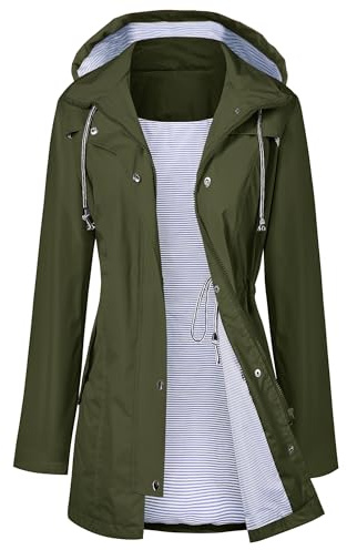 LOMON Raincoat Women Waterproof Long Hooded Trench Coats Lined Windbreaker Travel Jacket Army Green M