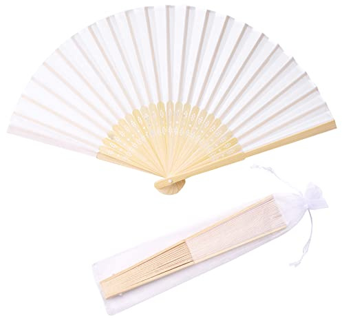 SL crafts 24pcs White Imitated Silk Hand Fan Imitated Silk Fabric Bamboo Handheld Folded Fan Bridal Dancing Props Church Wedding Party Favors with Organza Bags (White)