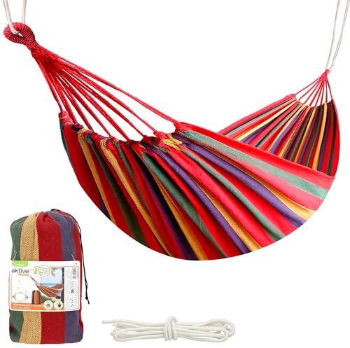 Aktive 52990 - Hamaca colgante de algodón para camping y jardín | Hamaca jardín exterior | Medidas 200x100 cm| Hasta 200 kg de capacidad de carga | Con bolsa de transporte