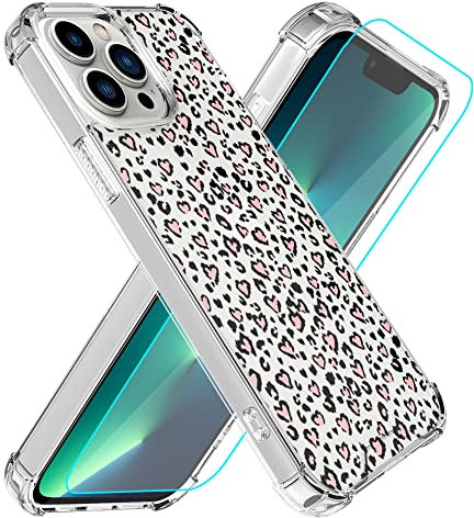 Jefonha Kompatibel mit iPhone 13 Pro 6,1 Zoll Crystal Clear Schutzhülle Rosa Leopard Gepard Tier Weiche Verstärkung Stoßfest Cover iPhone 13 Pro + Displayschutzfolie