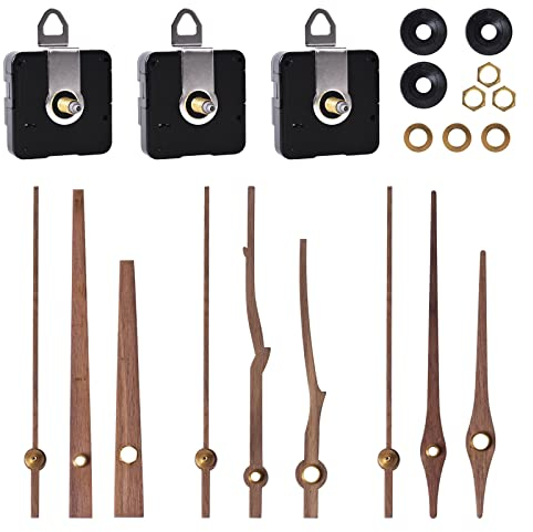 3 Sets Quarz Uhrwerk & Hände, Uhr Bewegung Mechanismus mit Walnuss Holz Uhrzeigern von 3 Arten, Stille Uhrwerk Ersatz Kit für Wanduhr 12 Zoll (Langschaft 20 mm)