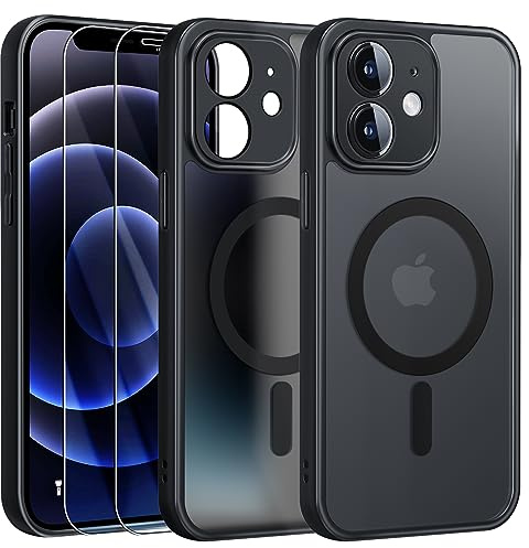 FLLAO Funda para iPhone 12, Compatible MagSafe, con 2 Piezas Protector de Pantalla Cristal Templado, [Protección de Cámara] Magnética Carcasa Translúcida Mate Trasera Fina Antigolpes, Negro
