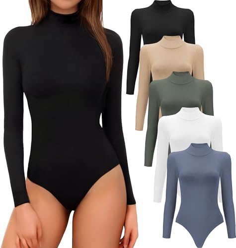 MLYENX 5 Pack Long Sleeve Body suits Womens Mock Turtleneck Casual Basic Stretchy Body Suits Tops L