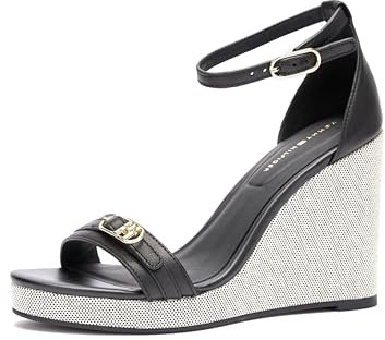 Tommy Hilfiger Damen Wedge Espadrilles Sandal Leather aus Leder, Schwarz (Black), 38