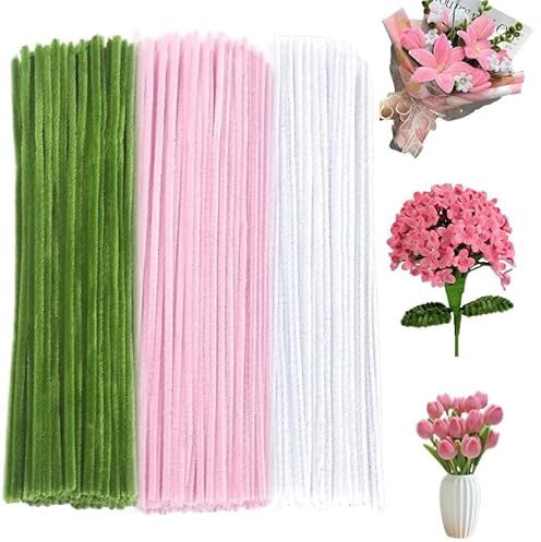 300 PCS Pipe Cleaners Craft Supplies Pink,Green,White Color Lily Flowers Thick Chenille Stems for Art and Crafts Projects Creative DIY Decorations (Pink Lily Color)