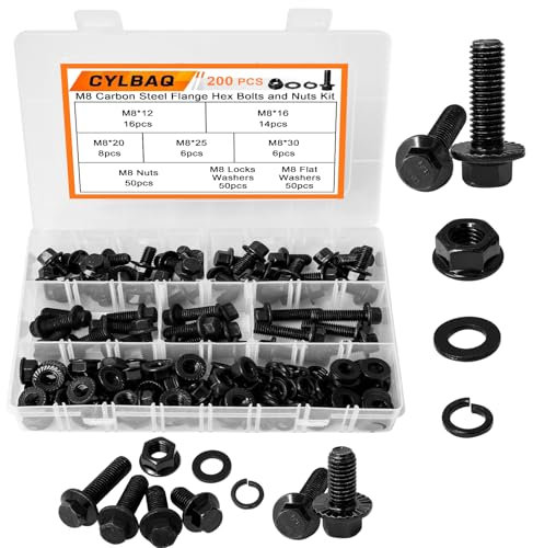 CYLBAQ 200 Stück M8 Flansch Schrauben Flansch Sechskantschrauben, M8 Kohlenstoffstahl Flanschbolzen Schrauben mit Flansch Muttern und Schrauben Sortiment mit Aufbewahrungskoffer 12/16/20/25/30mm