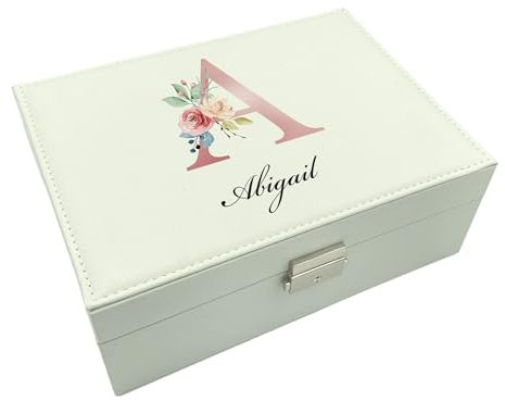 Personalised Pink Alphabet Jewellery Box, Leatherette, 23W x 17.5D x 9H cm, Suede Lining, Ring Roll, 6 Compartments