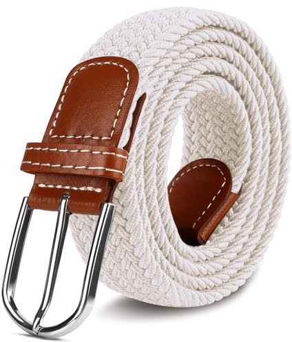 LUOFMISS Flerfärgat vävt stretchbälte för män och kvinnor, flätade elastiska golfbälten jeans vardagsbyxor sportbälte, Vitt, for Waist Size 32-37