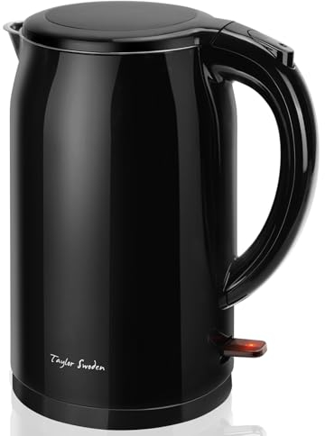 Taylor Swoden Hervidor agua Electrico pequeño 1,5 Litros, Hervidor Eléctrico con Aislamiento de Doble Pared, Doble Sistema de Seguridad, Libre de BPA, Base 360º, 2200 W, Acero Inoxidable, Negro