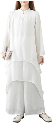 DAYKET Uniforme da Tai Chi da Donna, Arti Marziali Tradizionali Cinesi, Abbigliamento per Esercizi mattutini a Maniche Lunghe, Set di Pantaloni e Top Kung Fu,White-XXL