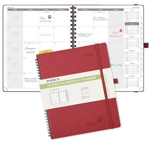 POPRUN Agenda mensual 2025-2026 con espiral (8.5 x 10.5 pulgadas), calendario de 18 meses (julio de 2025 a diciembre de 2026), 4 páginas por mes con gastos mensuales y notas, inicio de domingo