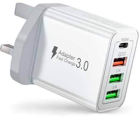 USB C Plug, 40W 4-Port Fast Charger Plug UK, USB C Charger with 20W PD Power Adapter+QC 3.0+Dual USB, Multi Mains Wall Charger Type C Charging Plug for iPhone Series, Samsung, iPad, AirPods,Watch, PS5