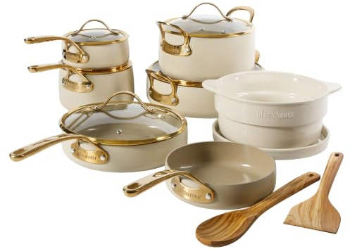 Bloomhouse 15-Piece Ceramic Nonstick Cookware Set, Two Time Oprah's Favorite Things, Heavy-Gauge Aluminum Pots and Pans Set, PFAS & PFOA & PTFE Free Ceramic Cookware, Oven Safe to 500°F, Almond Cream