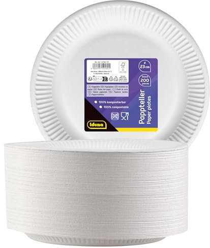 Idena 50160-Plato Blanco, 200 Piezas, Certificado FSC, Plato de Papel 100% compostable, para Fiestas, barbacoas y picnics, Color White, ⌀ 23 cm Berlin 50160