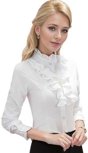 GJPINYIYI Victorian Womens Ruffle Button Down Shirts Long Sleeve Fitted Blouse Business Casual Tops White Dress Shirt for Work