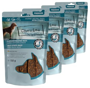 Chewies Köttremsor Maxi hundgodis gjorda av 100% ankkött – 4 x 150 g – lufttorkade ankor tuggremsor för hundar – sockerfri och spannmålsfri – torkkött från anka