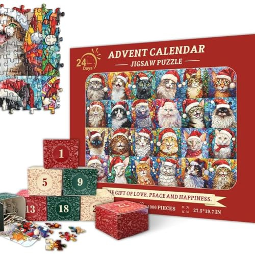Calendrier de l'Avent de Noël Calendrier de puzzle de fête de Père Noël 24 jours Calendrier de compte à rebours de Noël 1000 pièces Mini-puzzles pour adultes et enfants Décoration de la maison Cadeau