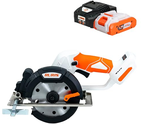 RURIS Scie Circulaire Sans Fil RMX3140 Disque 140 mm - Vitesse 6800 tr/min - Profondeur et Angle de Coupe Réglables - Batterie 20V 4Ah + Chargeur Inclus