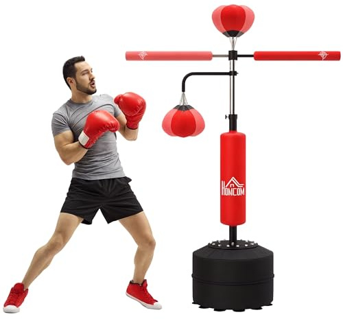 HOMCOM Saco de Boxeo de Pie, 160-230 cm, Saco de Boxeo con Barra Giratoria de 360°, 2 Bolas de Velocidad y Base Rellenable, Punching Ball para Adultos y Niños, Entrenamiento MMA, Muay Thai, Rojo