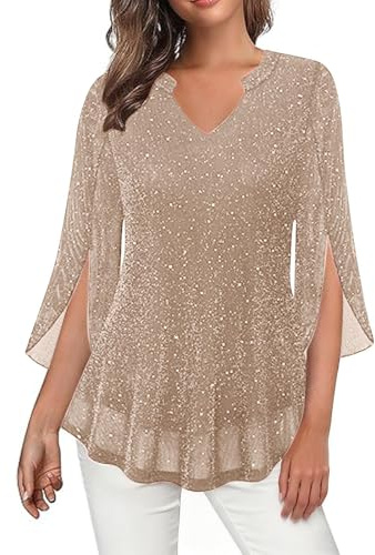 Abito Paillettes Donna Top Donna con Paillettes Y2K Magliette Camicette Glitterate Scintillanti Elegante Brillantinata Blusa Maniche a Tre Quarti per Feste Club Cocktail Cotone T-shirt Oversize