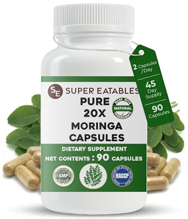 Moringa Capsules 450mg, 20:1 High Strength Leaf Extract, 90 Vegan Capsules (45 Day Supply), Pure Potent Moringa Oleifera Powder, No Additives, Non-GMO, Lab Tested, Easy to Swallow, Premium Quality