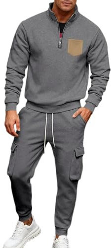 Generisch Tuta sportiva da uomo, in due pezzi, per il tempo libero, tinta unita, a maniche lunghe, con felpa e pantaloni da jogging, alla moda, per l'autunno, l'inverno, grigio scuro, L