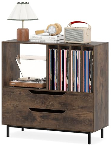 COSTWAY Mueble Tocadiscos, Soporte para Tocadiscos con Compartimento Abierto, 4 Estantes de Vinilos, 2 Cajones y Patas de Metal, Mesa Auxiliar de Discos Vinilos para Salón, 91 x 36 x 87 cm (Rústico)