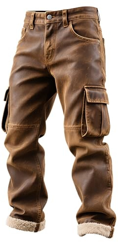 Bruna läderbyxor män avslappnad passform bomull fleece fodrade joggingbyxor skrynkelbeständiga hållbara retro cargobyxor knapp ner tunga tjocka termiska byxor vardagsbyxor för vardagskläder