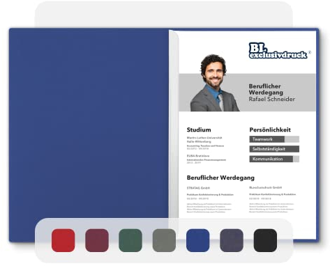 5 Stück zweiteilige Bewerbungsmappen BL-exclusivdruck® BL in Königsblau - Premium-Qualität mit edler Relief-Prägung 'Bewerbung' - Produkt-Design von 'Mario Lemani'