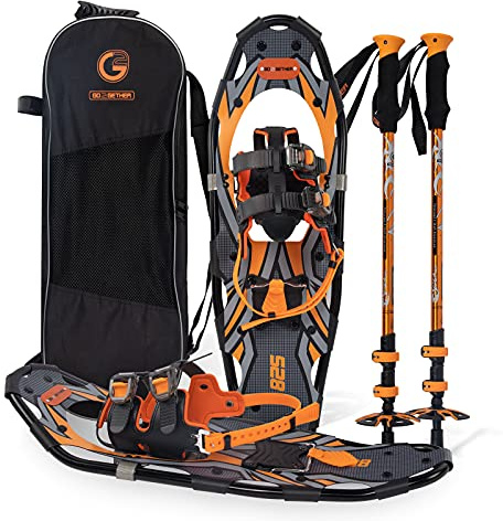 G2 25 Inches Orange Light Weight Snowshoes for Women Men Youth, Set with Trekking Poles, Tote Bag, Special EVA Padded Ratchet Binding, Heel Lift, Toe Box