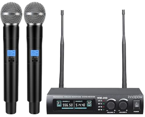 innopow Wireless Microphone System, Dual UHF Metal Cordless Mic Set, Long Distance 150-200Ft,16 Hours Continuous, Fixed Frequency, Use for Karaoke Singing, Family Party,Church (CH.01&02)