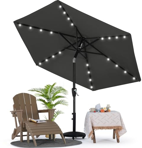 MasterCanopy 230 cm Sonnenschirm mit 24 Solar-LED Patioschirm Gartenschirm Terrassenschirm Tischschirm Martkschirm, Dunkelgrau