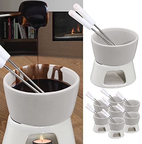 Cepewa Lot de 8 services à fondue au chocolat, en céramique blanc, avec 2 fourchettes en acier inoxydable