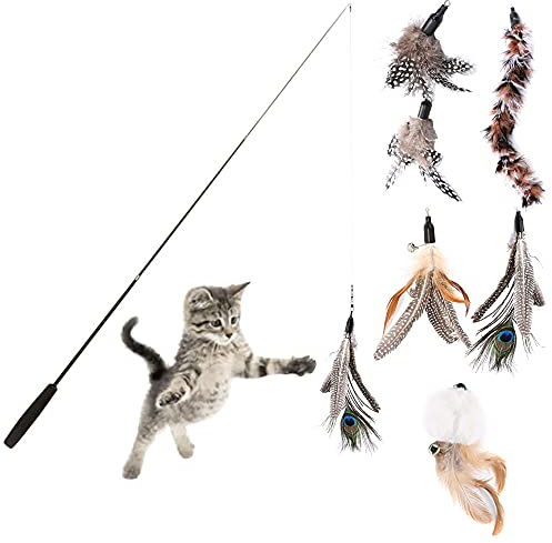 Anyasen Katzenspielzeug Künstliche Feder Katzenangel Interaktives Katzenspielzeug Einziehbare mit 5 Stück Ersatz Katzenangel Künstliche Feder Anhänger Glocken Katzenspielzeug für Katzen