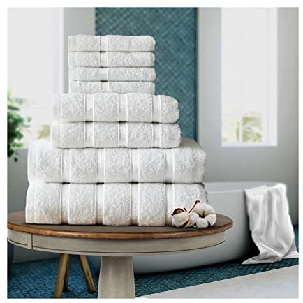 FAIRWAYUK Set da 8 asciugamani per bagno, set regalo ultra morbido di alta qualità, assorbente dell'acqua, 100% cotone egiziano, 4 x viso, 2 x 2 x asciugamani da bagno, bianco