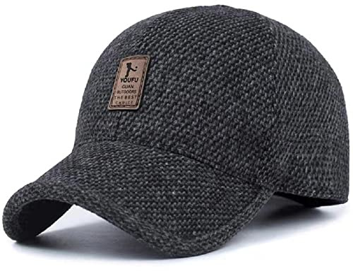 Sombrero de Gorra de Béisbol con Pico de Tweed de Lana de Lana Cálida de Invierno para Hombre con Orejeras Plegables Hebilla de Metal Más Cálida (1-Negro)