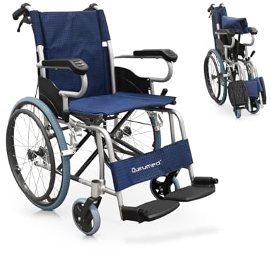 QUIRUMED Fauteuil roulant pliant en aluminium, Siège 44 cm, Repose-pieds pliable, Roulettes solides, Freins à main et à levier