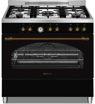 COCINA PROFESIONAL NEGRA RÚSTICA SOLTHERMIC CON HORNO A GAS CON TURBO (104 L), ENCENDIDO AUTOMÁTICO / 5 QUEMADORES (1 TRIPLE WOK) / ENTREGA A DOMICILIO Y RETIRADA DEL USADO GRATIS
